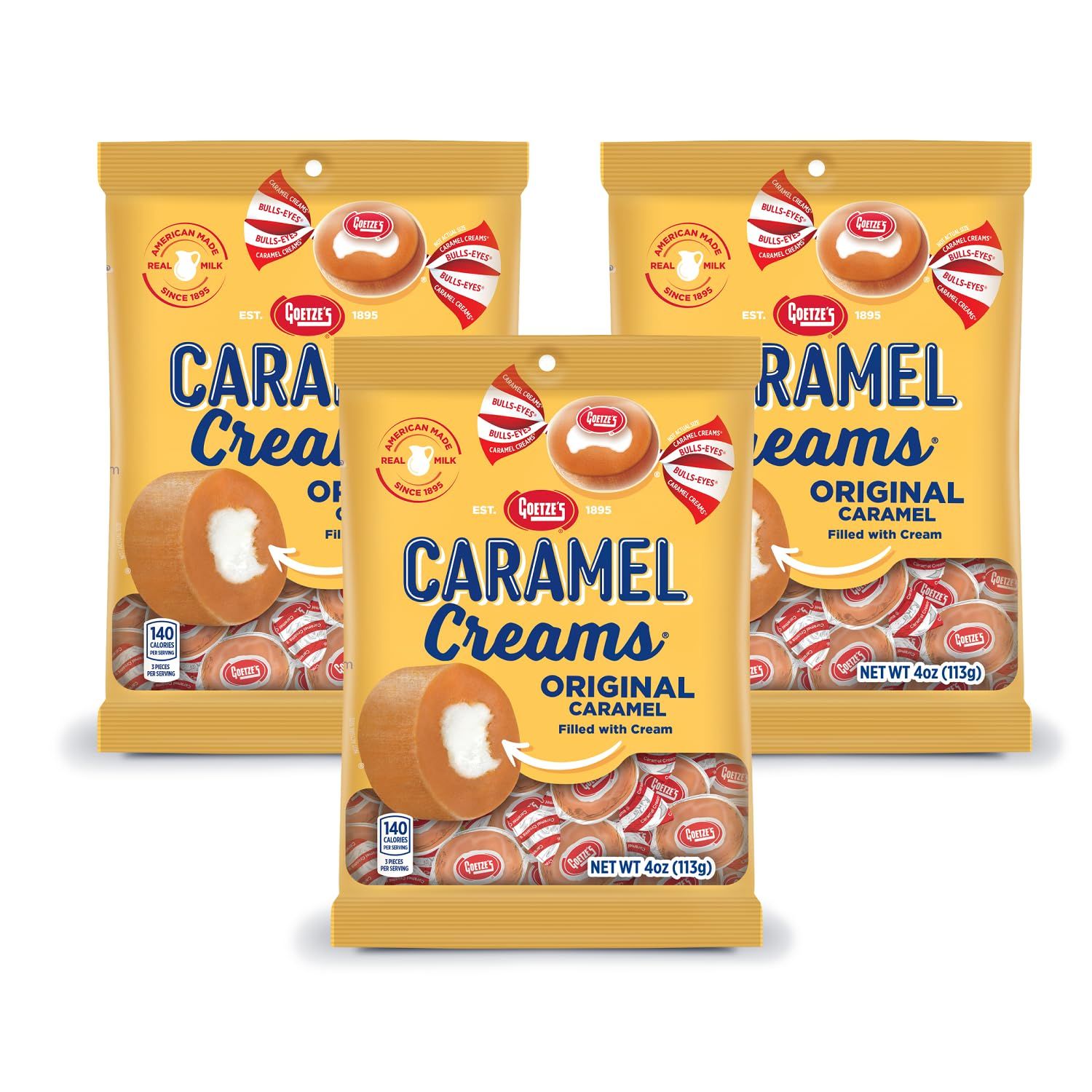 Goetze&#39;s Candy Vanilla Caramel Creams - 4 Ounce Bags - 3 Pack - Fresh from the Factory