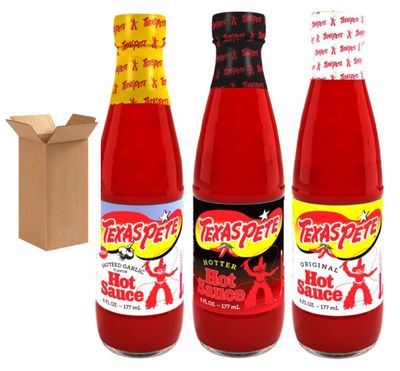 Bundle - 3 Items: Texas Pete Hot Sauce Sampler - Hot, Hotter, &amp; Garlic - 6 oz Bottles