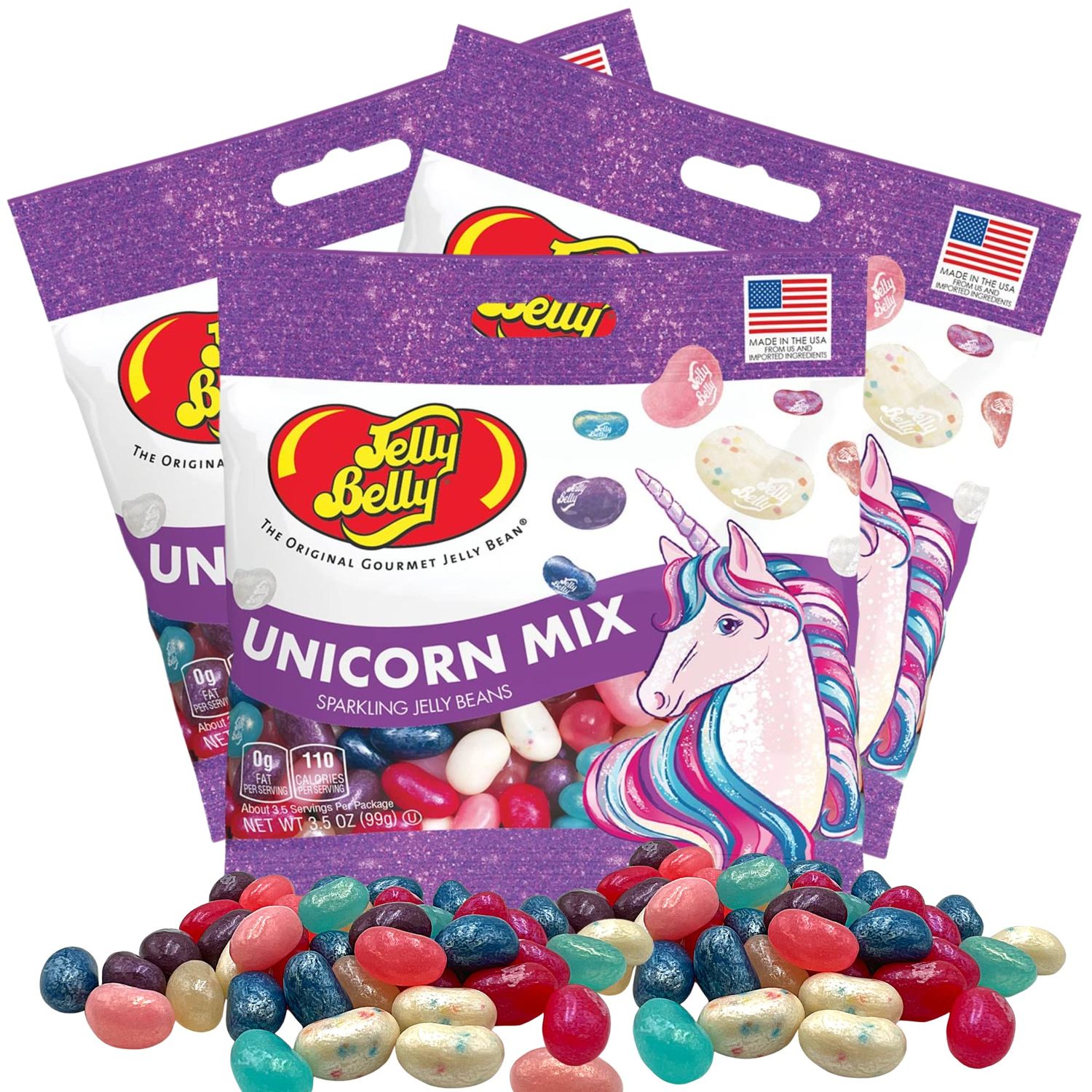 Needzo Unicorn Mix Flavored Jelly Beans, Girls Birthday Party Themed Gourmet Chewy Candy, Shareable Bagged Candies, Pack of 3, 3.5 Ounces