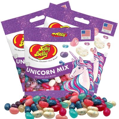 Needzo Unicorn Mix Flavored Jelly Beans, Girls Birthday Party Themed Gourmet Chewy Candy, Shareable Bagged Candies, Pack of 3, 3.5 Ounces