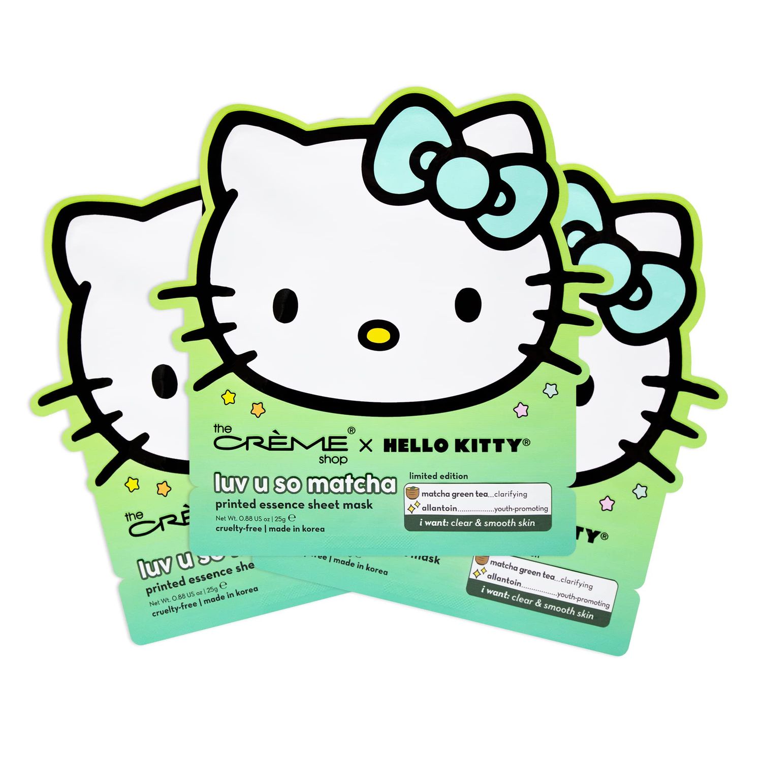 The Crme Shop x Hello Kitty Luv U So Matcha Printed Essence Sheet Mask, Green Tea Korean Face Mask - 3 Pack