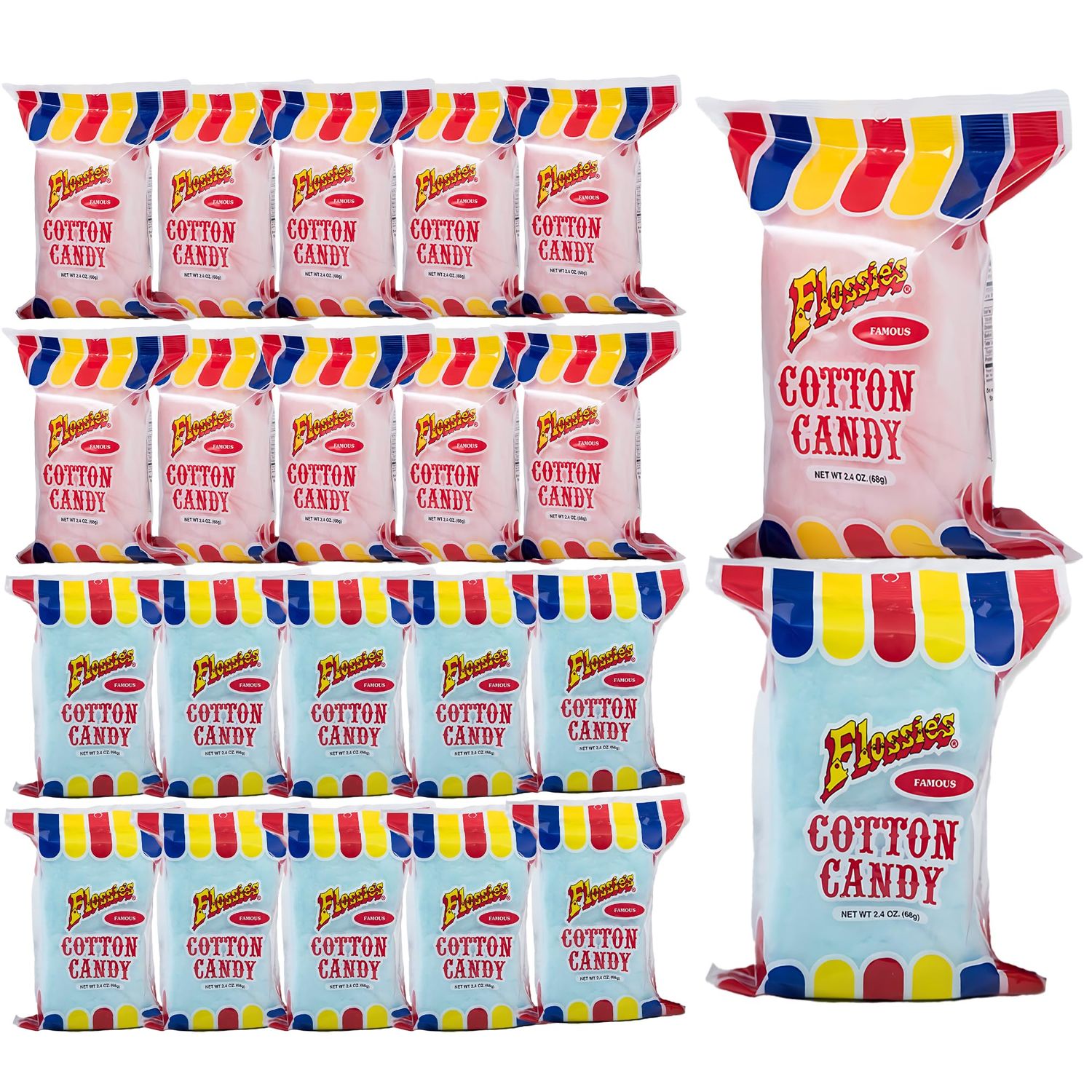 Flossie&#39;s Famous Cotton Candy, Flavourful Blueberry and Strawberry, Light and Fluffy Cotton Candy, Ideal Party Snack for All Ages, 2.4 Ounce (20 Pack)