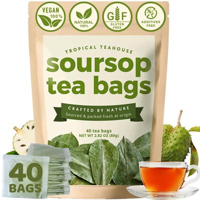 Tropical Teahouse 40 PREMIUM Soursop Leaves Tea Bags - 2.82oz - Natural &amp; Pure, Gluten Free, Caffeine Free, Sugar-Free, Eco-conscious Packaging with Bamboo Tea Tong