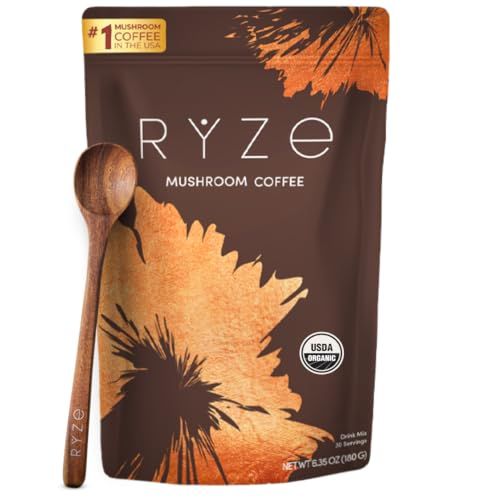 RYZE Mushroom Coffee USDA Organic with 6 Adaptogenic Mushrooms and MCT Oil, USA Grown Instant Coffee for Better Energy, Focus, Digestion, Immunity with Turkey Tail, Shiitake, Lion&#39;s Mane, 30 Servings