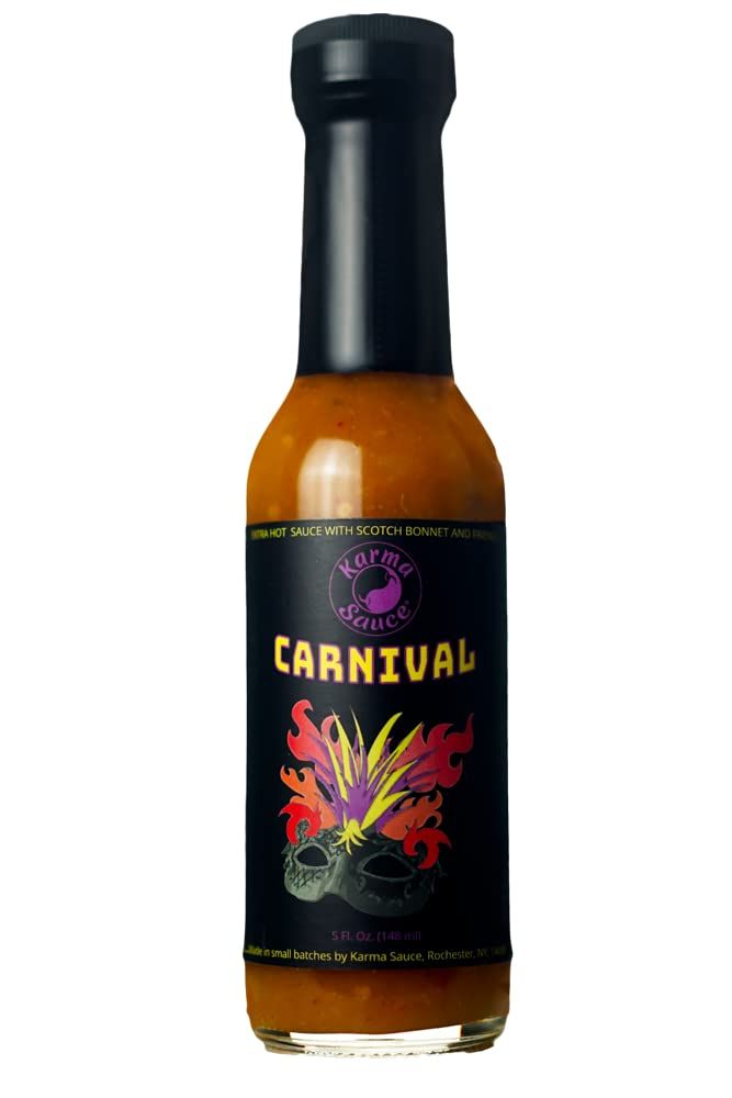 Carnival Hot Sauce Extra Hot With Tropical Citrus Notes Scotch Bonnet, Fatalii, Yellow Moruga Scorpion All Natural, Vegan, Extract Free Made In Finger Lakes, USA 5 fl. oz bottle