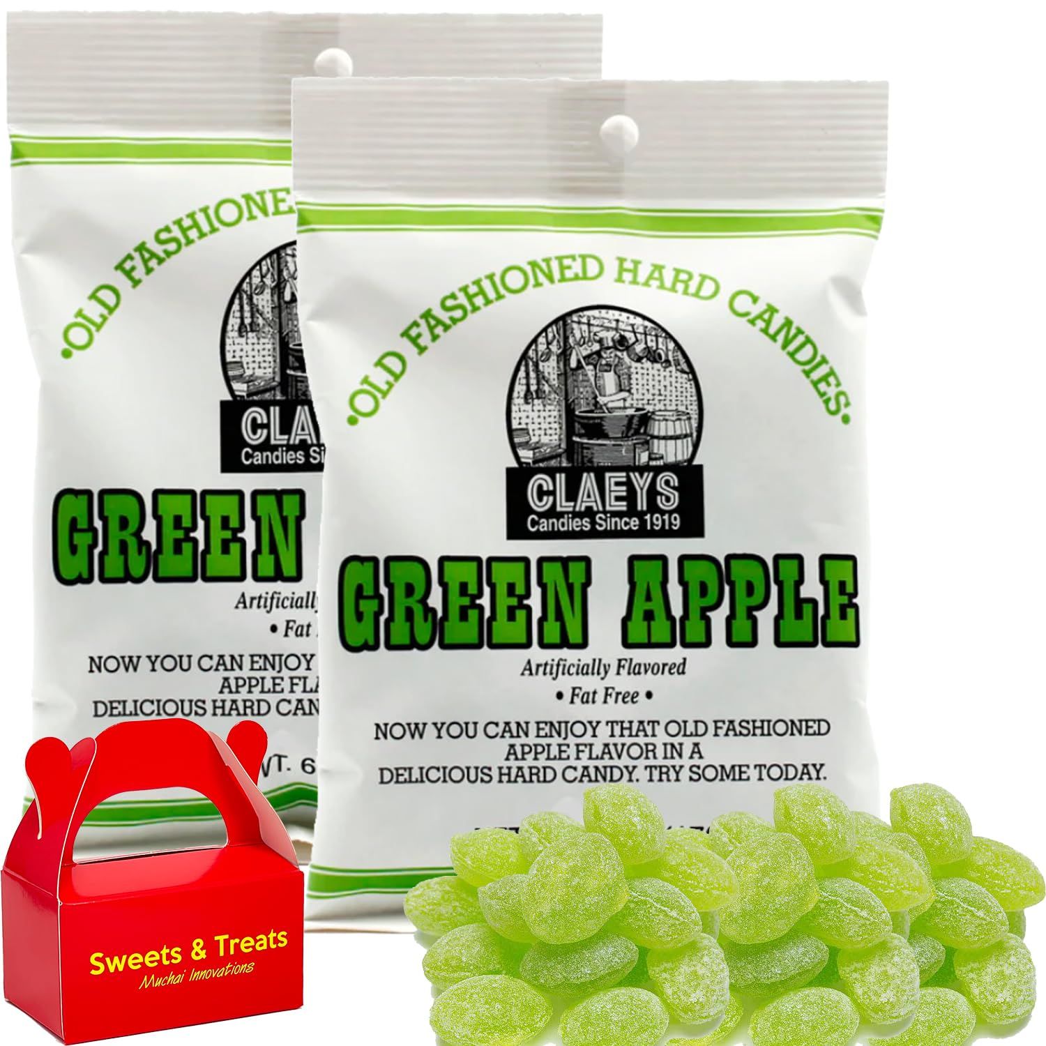 Old Fashioned Hard Candy Flavored Candies - Fat Free &amp; Gluten Free Smooth Textured &amp; Quality Freshness Plus MUCHAI Treats Card Box (2 Pack Bags, Green Apple (Tart Sweet Taste))