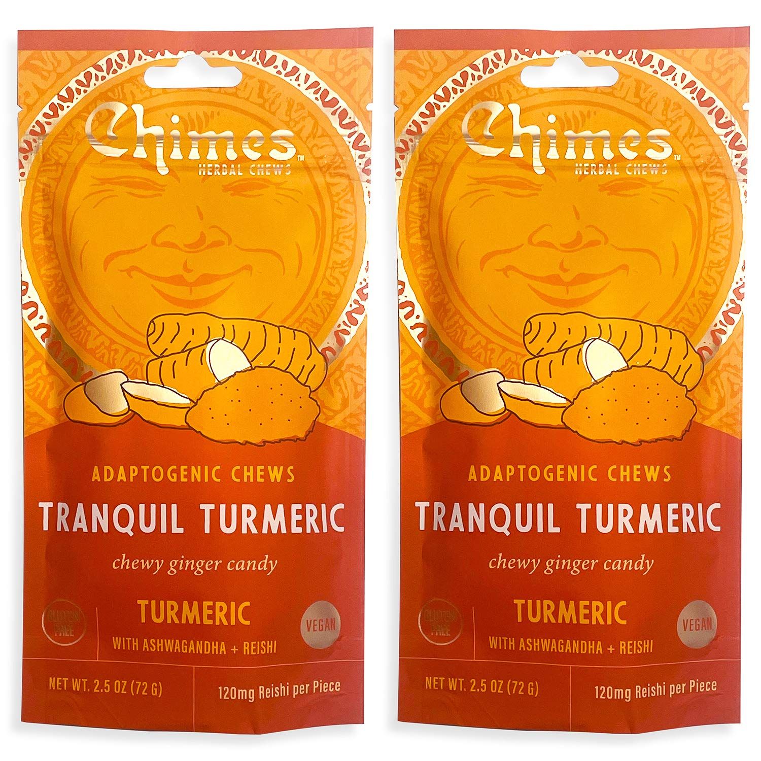 Chimes Tranquil Turmeric Adaptogen Ginger Chews Candy - (2 Pack With Ashwagandha, Reishi and Turmeric with Curcumin) Vegan, Gluten Free