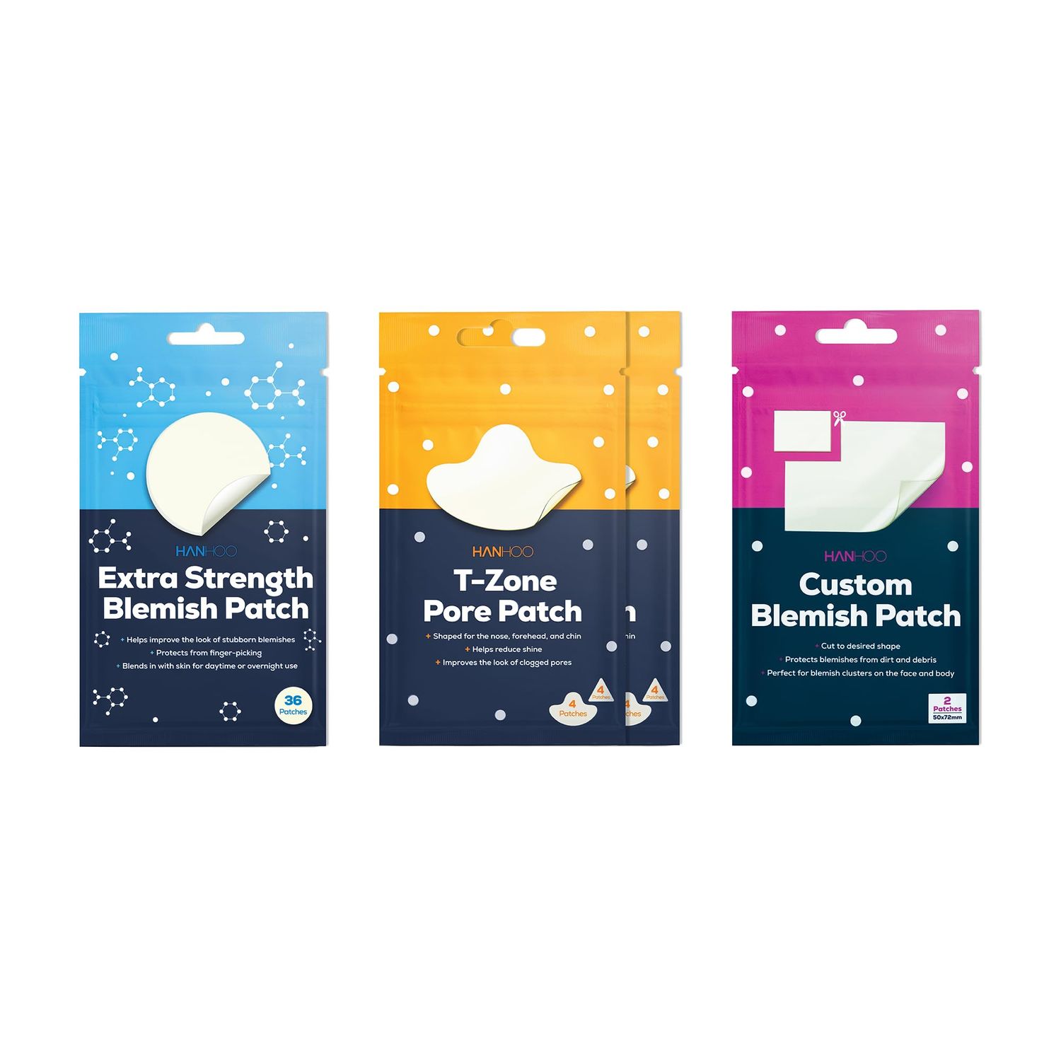 Hanhoo T-Zone Pore Patch, Extra Strength &amp; Custom Blemish Patch Bundle includes 54 patches with Salicylic Acid, Niacinamide &amp; Hyaluronic Acid for blackhead and acne treatment. Perfect Korean skincare.