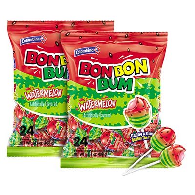 Colombina Bon Bon Bum Lollipops w/Bubble Gum Center, Watermelon Flavor, Individually Wrapped, Ideal for Party Favors and Gifts, 2 Pack (48 Count)