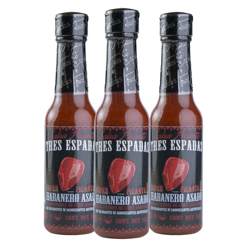 Salsa Picante Tres Espadas Habanero Hot Sauce Hot salsa crafted with Mexican Habaneros Hot Sauce Bottles 5 FL OZ Each (Habanero Red Pepper, 3 Pack)