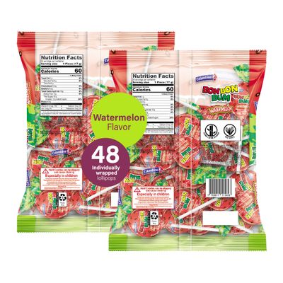 Colombina Bon Bon Bum Lollipops w/Bubble Gum Center, Watermelon Flavor, Individually Wrapped, Ideal for Party Favors and Gifts, 2 Pack (48 Count)