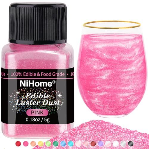 NiHome Edible Food-Grade Glimmer Powder Glitter Luster Dust Metallic Food Decorating Sprinkle Glimmery Dust for Drink Wine Beverage Cake Candy Dessert Bakery Restaurant Vegan (0.18oz/5g, Pink)