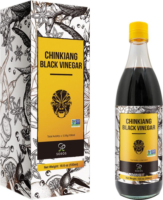 Soeos Chinkiang Vinegar, 18.6 fl oz (550ml), Chinese Black , Traditional , Organic , Zhenjiang Xiangcu, Black Rice Vinegar Condiment for Cooking Noodles, Braised Meat, Cold Appetizers