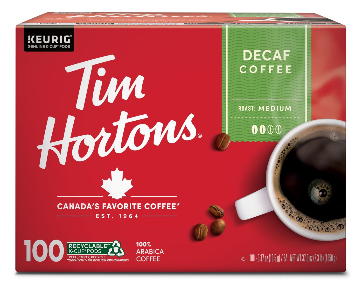 Tim Hortons Decaf, Medium Roast Coffee, Single-Serve K-Cup Pods Compatible with Keurig Brewers, 100ct K-Cups