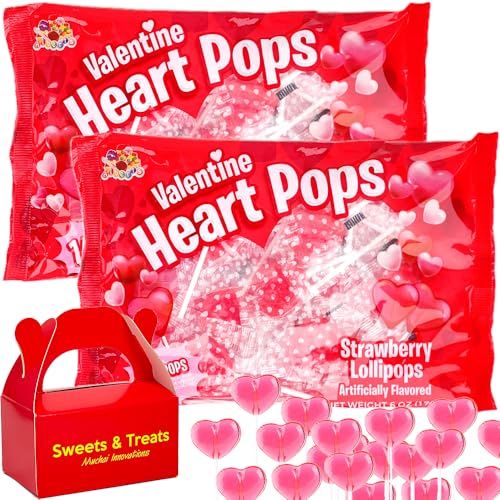Valentine Lollipops Candy Strawberry Heart Shaped Lollipops Classroom Friendship Exchange Candy Individually Wrapped Fruit Flavored Suckers - Muchai Card (28 Total Love Pops (14 Each Bag), Strawberry)