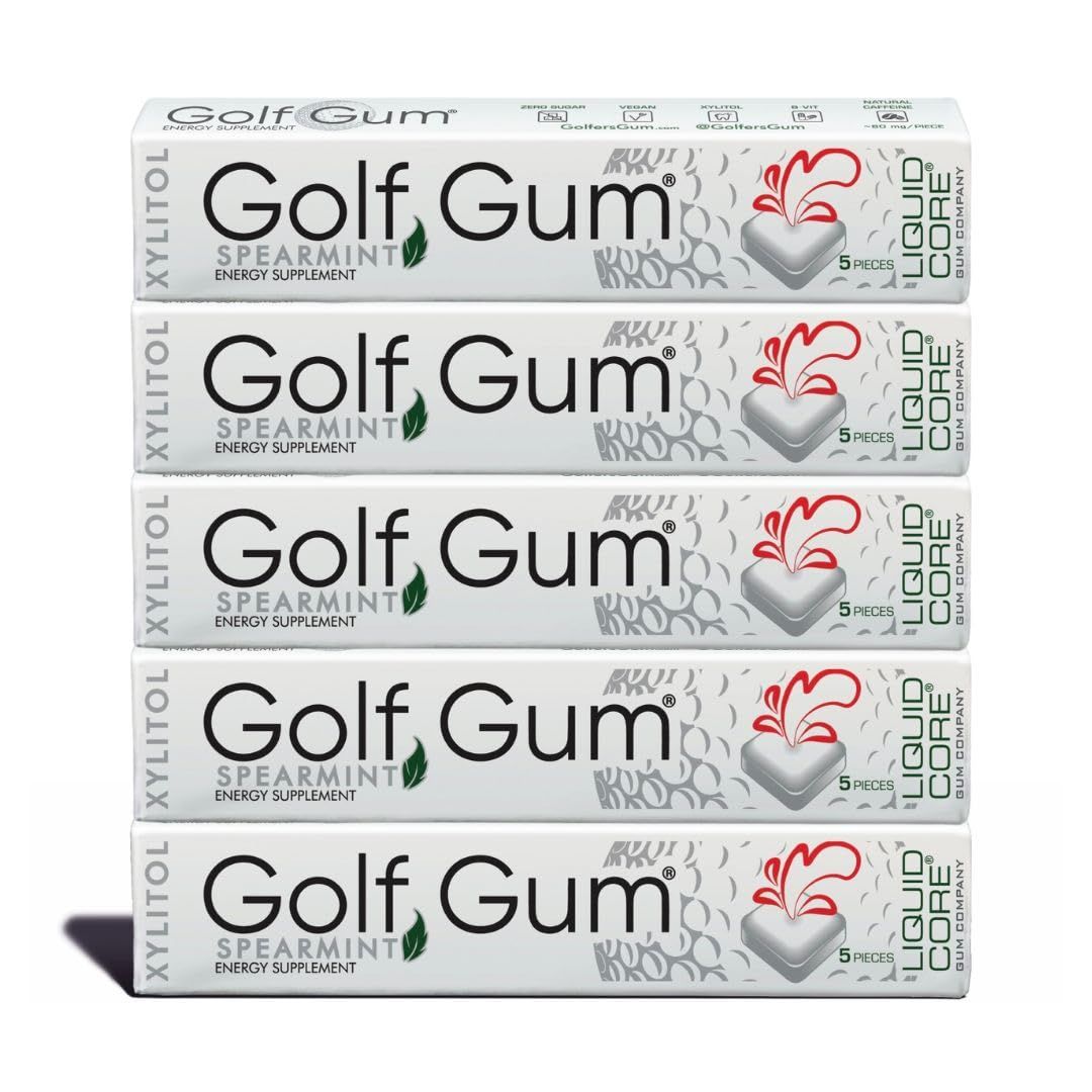 Golf Gum by Liquid Core - 80mg of Natural Caffeine - Energy for Golfers - Sugar-Free, Aspartame-Free, Caffeine Gum - Enhanced Focus &amp; Better Score - 5 Pieces Per Pack (5 Pack)