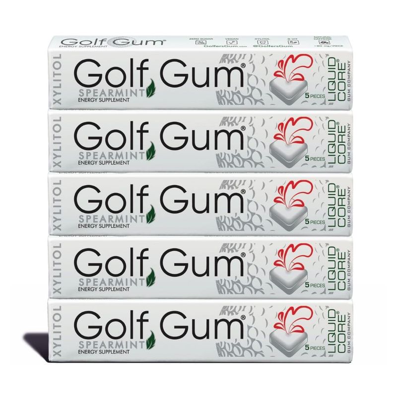 Golf Gum by Liquid Core - 80mg of Natural Caffeine - Energy for Golfers - Sugar-Free, Aspartame-Free, Caffeine Gum - Enhanced Focus &amp; Better Score - 5 Pieces Per Pack (5 Pack)
