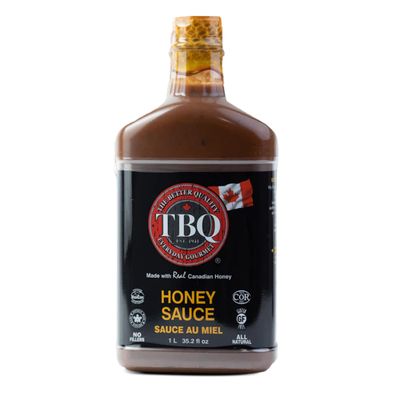TBQ - Honey Barbecue Sauce, Honey Hot Sauce, Vegan Honey BBQ Sauce, Barbecue Marinade and Sauces for Salmon, Ribs, Vegetables, and More, Made of Real Canadian Honey, Kosher &amp; MSG-Free, 1 L, 35.2 fl oz