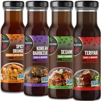 KA-ME Authentic Asian Marinade Sauce Variety Pack- Teriyaki, Sesame, Korean Barbecue, Spicy Orange - The Perfect Asian BBQ Bundle - Elevate Grilled and Cooked Meals - Enhance Meat, Seafood.