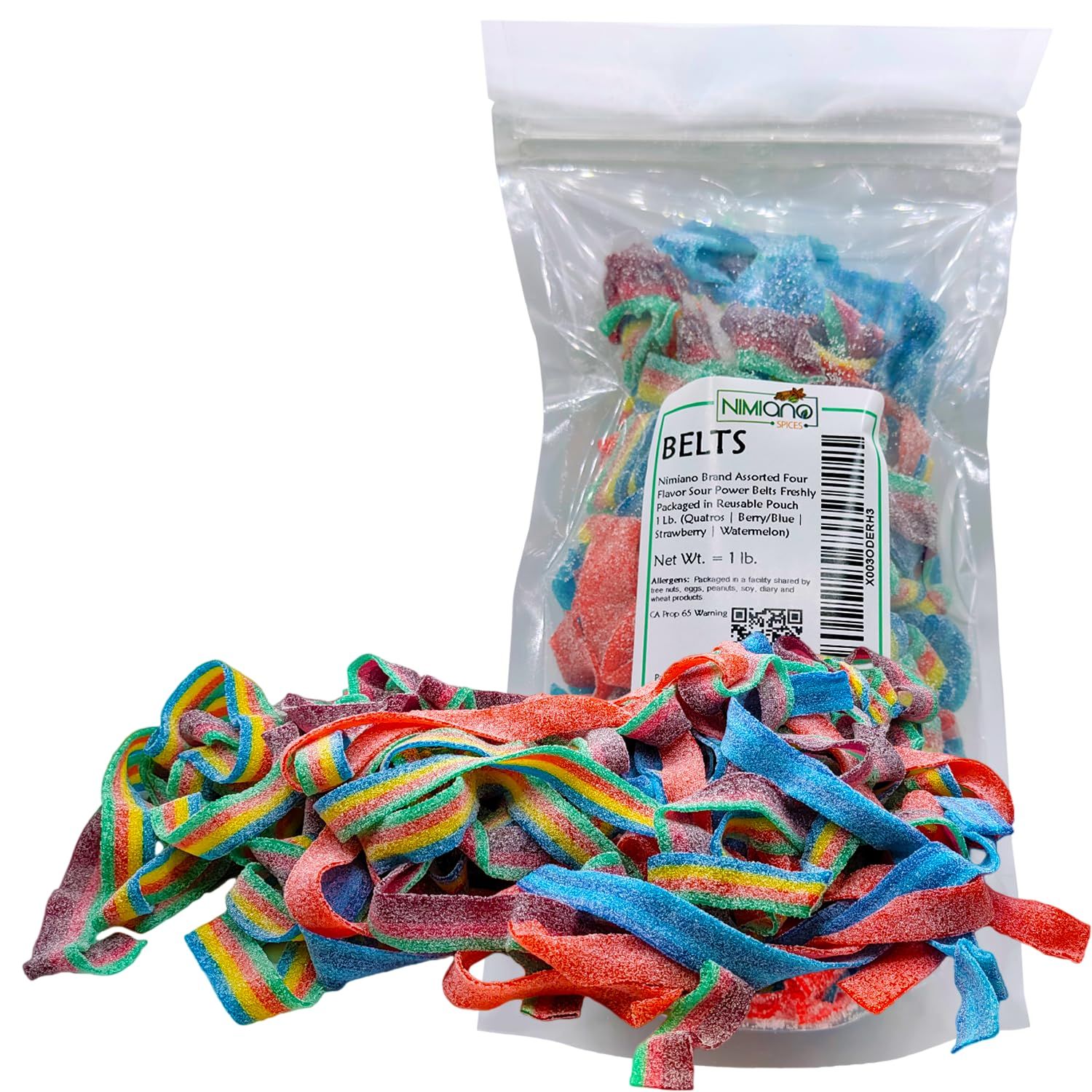 Dorval Assorted Four Flavor Sour Power Belts Gummi Candies Quatros, Berry/Blue, Strawberry and Watermelon Vegan, Non-GMO, Gelatin Free 1 Lb.