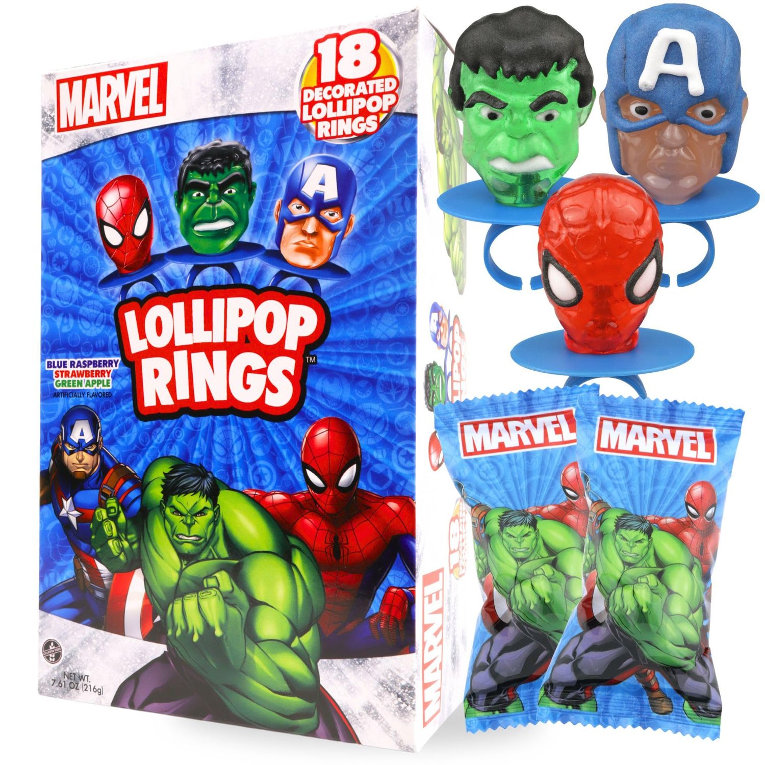 Imaginings 3 Marvel Avengers Lollipop Rings, Individually Wrapped Spiderman, Hulk, and Captain America Decorated Suckers, Birthday Party Favor Candies, 18 Count
