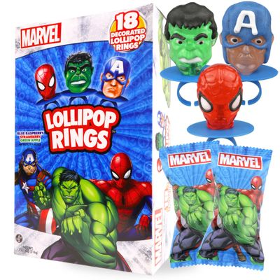 Imaginings 3 Marvel Avengers Lollipop Rings, Individually Wrapped Spiderman, Hulk, and Captain America Decorated Suckers, Birthday Party Favor Candies, 18 Count