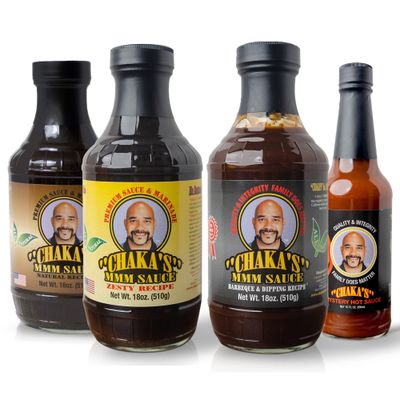 Chakas MMM Sauce Sampler Pack - Pack of 4 - Original Marinade, Zesty Marinade, BBQ Sauce, Mystery Hot Sauce