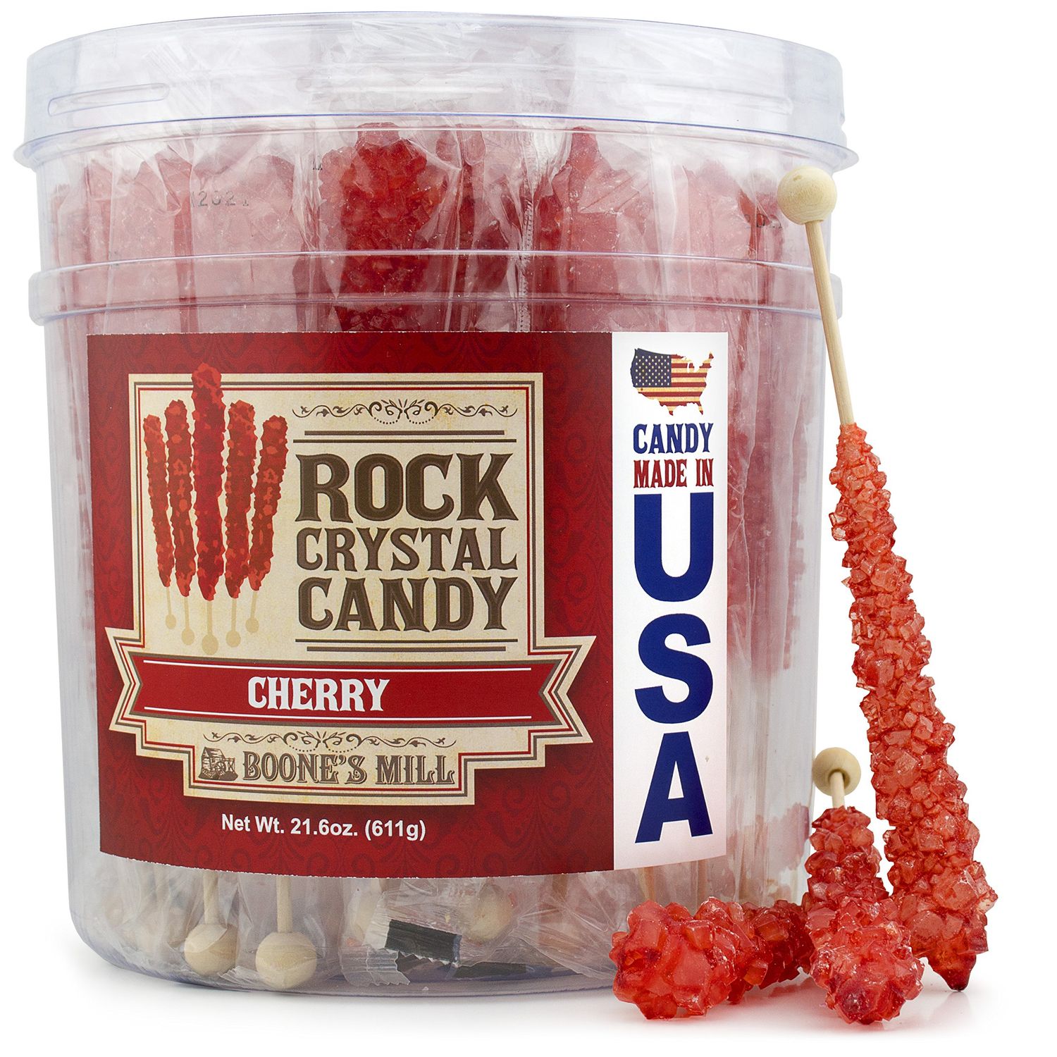 Boone&#39;s Mill Rock Crystal Candy Sticks Red Cherry 36 Sticks