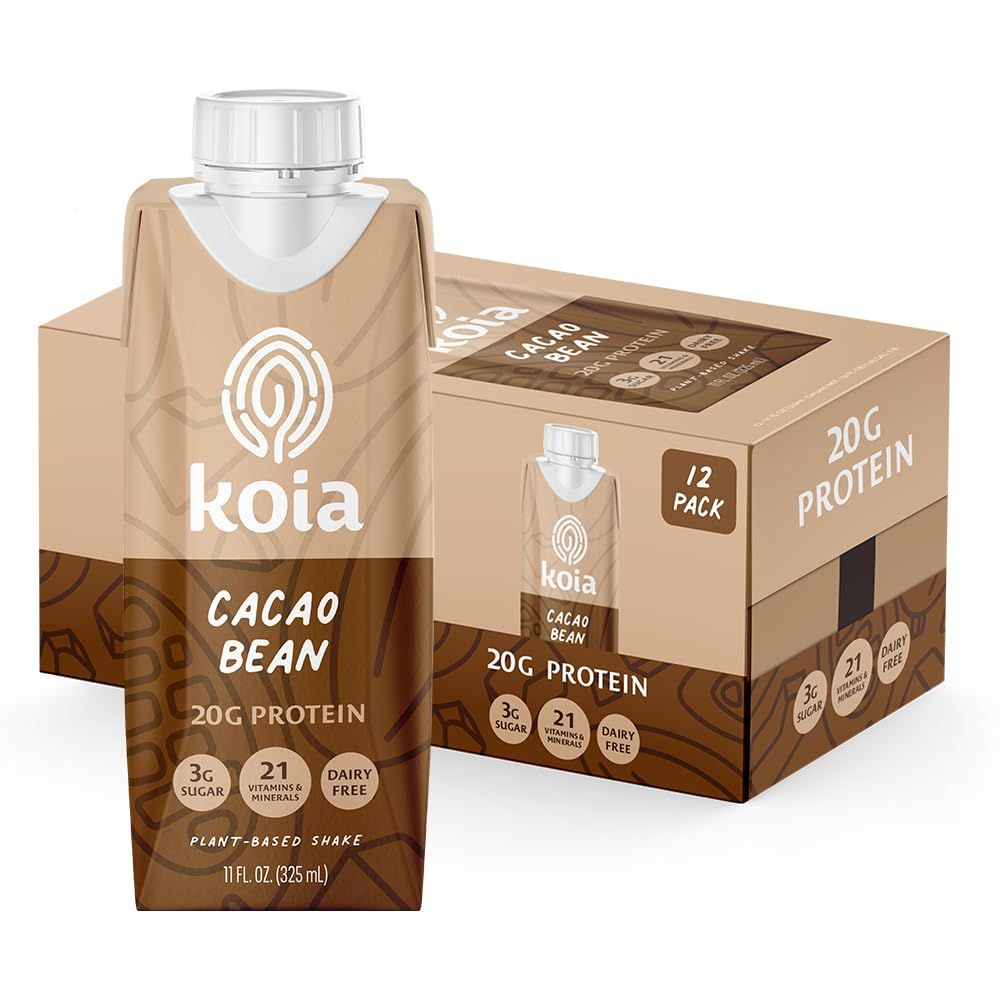 Koia Plant Based Protein Shake, Cacao Bean, 20g Protein, 3g Sugar, 6g Prebiotic Fiber, 21 Vitamins &amp; Minerals, Meal Replacement Drinks, Dairy-Free, Gluten-Free, Non-GMO, 11 Fl Oz (Pack of 12)