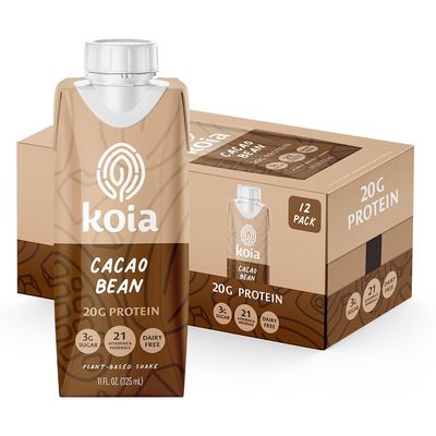 Koia Plant Based Protein Shake, Cacao Bean, 20g Protein, 3g Sugar, 6g Prebiotic Fiber, 21 Vitamins &amp; Minerals, Meal Replacement Drinks, Dairy-Free, Gluten-Free, Non-GMO, 11 Fl Oz (Pack of 12)