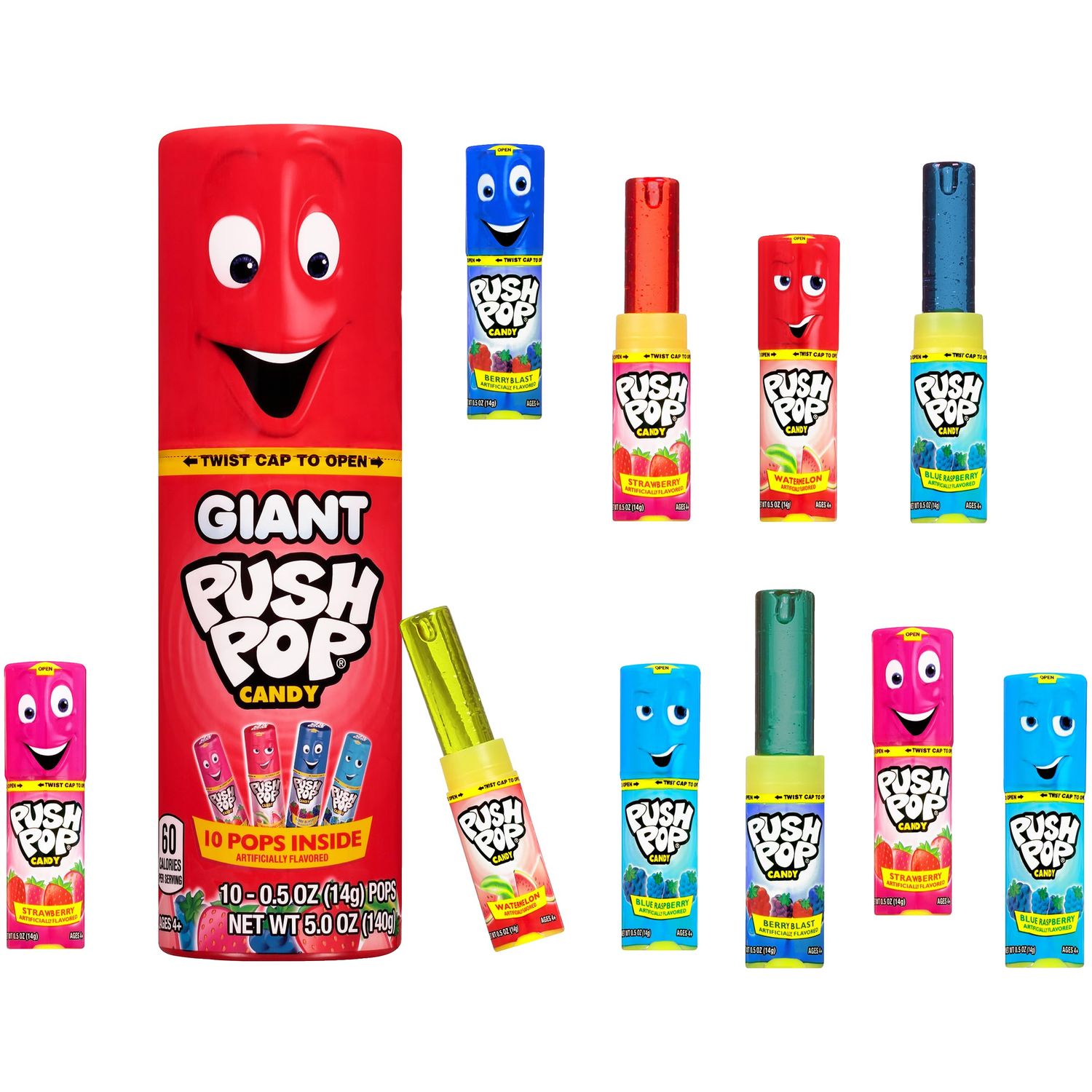 Giant Push Pop Container with Individually Wrapped Lollipop Variety Party Pack - 10 Count Lollipop Suckers in Assorted Fruity Flavors - Fun Candy for Gifts
