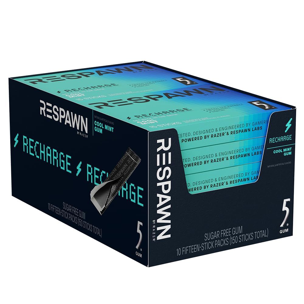 RESPAWN BY RAZER, 5 Gum, Recharge Chewing Gum Sugar-Free, Cool Mint, 10 Pack Bulk Box