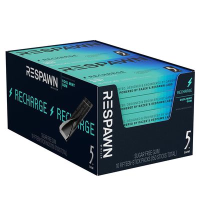 RESPAWN BY RAZER, 5 Gum, Recharge Chewing Gum Sugar-Free, Cool Mint, 10 Pack Bulk Box