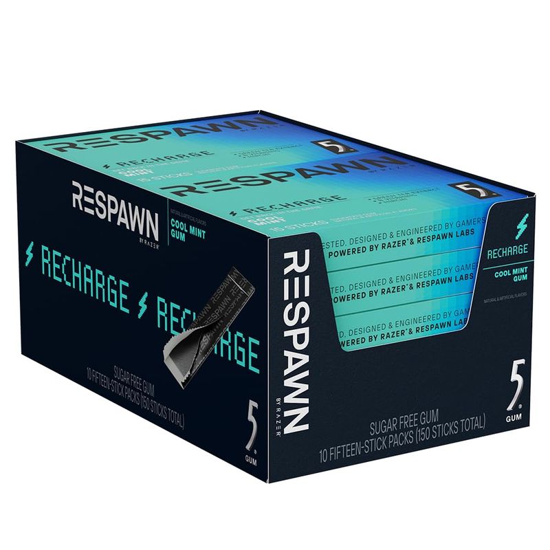 RESPAWN BY RAZER, 5 Gum, Recharge Chewing Gum Sugar-Free, Cool Mint, 10 Pack Bulk Box