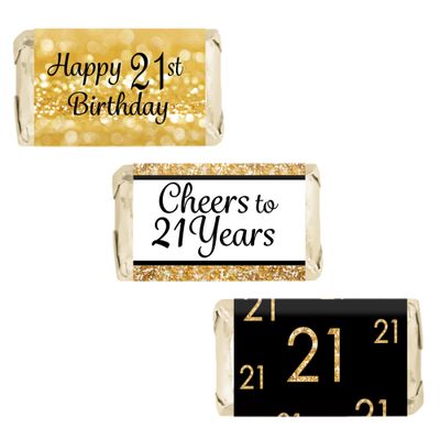 DISTINCTIVS Black and Gold 21st Birthday Party Mini Candy Bar Wrappers - 45 Stickers, 21st Birthday Decorations