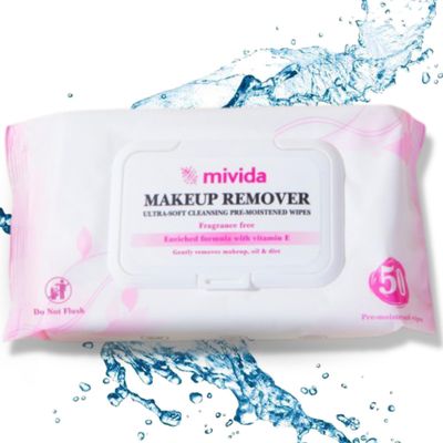 Mivida Hypoallergenic Makeup Remover Wipes Daily Cleansing Facial Towelettes with Vitamin E For Sensitive Skin 50 Count Fragrance-Free, Alcohol-Free Face Wipes
