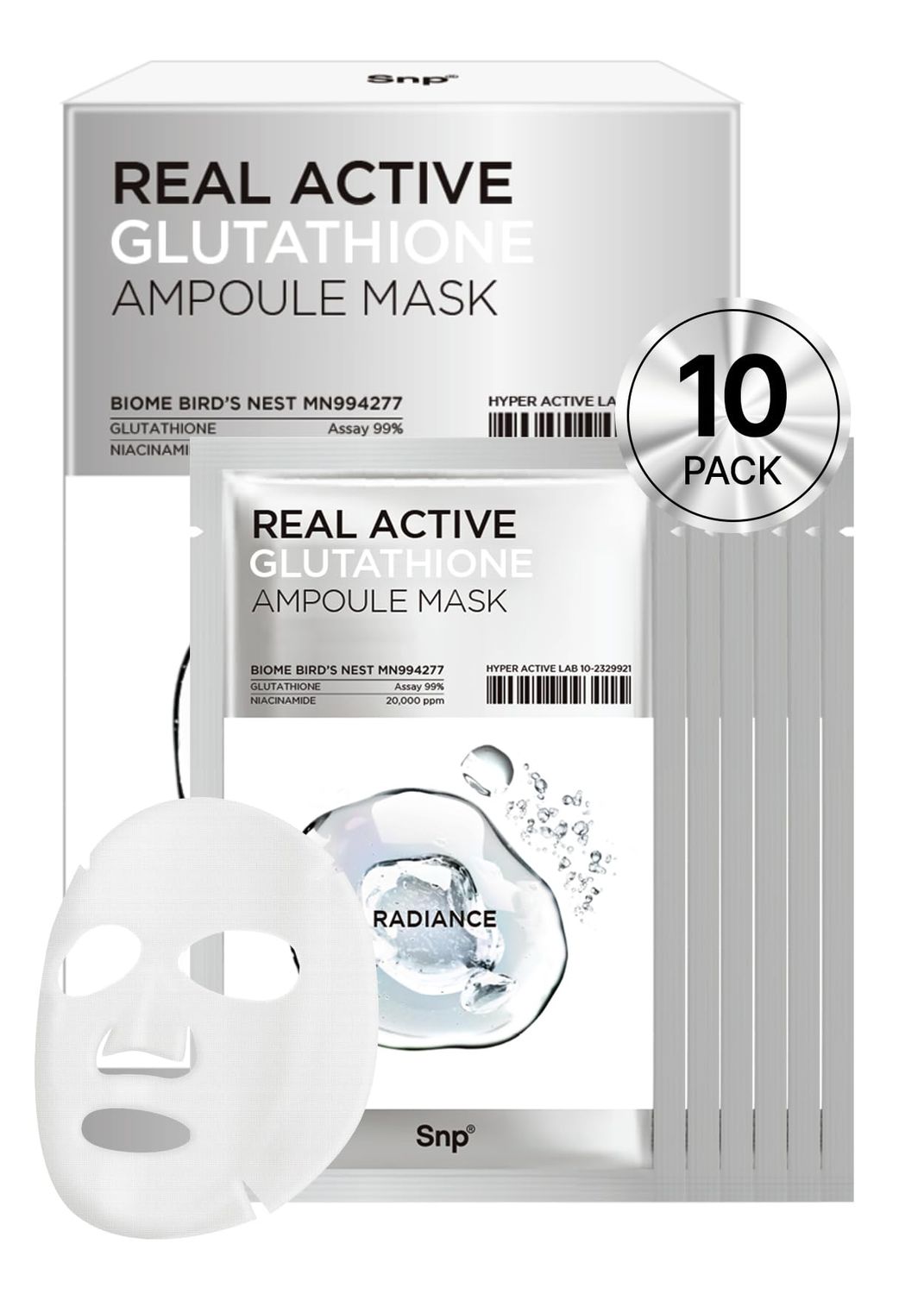 K Beauty Snp Real Active Glutathione Ampoule Sheet Mask Vegan Face Mask with Glutathione &amp; Niacinamide Revitalizing and Balancing for All Skin Types Korean Face Masks Skincare 10 Sheets