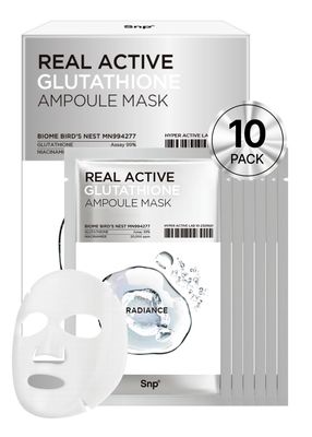 K Beauty Snp Real Active Glutathione Ampoule Sheet Mask Vegan Face Mask with Glutathione &amp; Niacinamide Revitalizing and Balancing for All Skin Types Korean Face Masks Skincare 10 Sheets