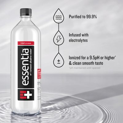 Essentia Water LLC , 99.9% Pure, Infused with Electrolytes for a Smooth Taste, pH 9.5 or Higher; Ionized Alkaline Water, Black, 42.3 Fl Oz (Pack of 12)