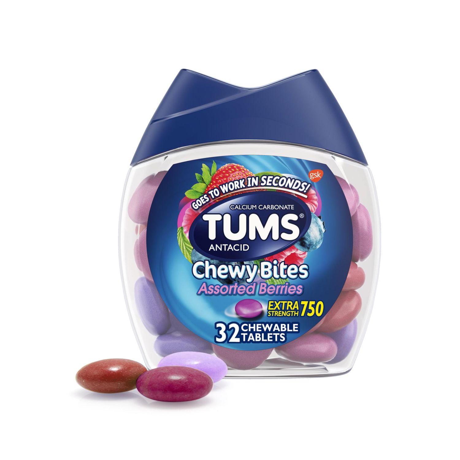 TUMS Chewy Bites Antacid Tablets for Chewable Heartburn &amp; Acid Indigestion Relief, Assorted Berries, 32 Count