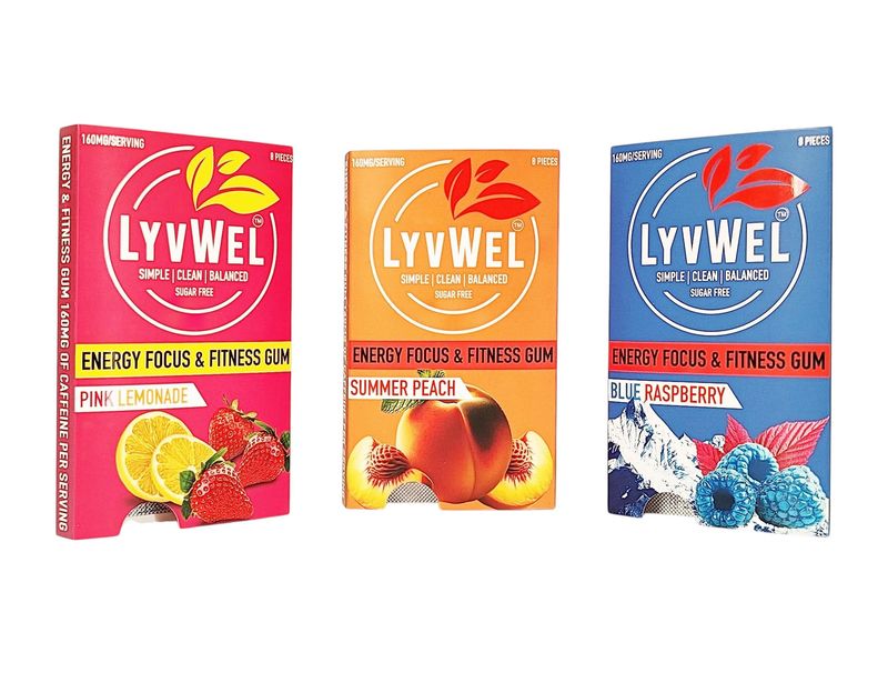 Lyvwel Energy Gum 160mg Caffeine 100mg Taurine per Serving All Natural Sugar-Free Pre-Workout Boost: Your Essential Energy Supplement to Stay Awake (3 Pack) (3 Pack, Variety)