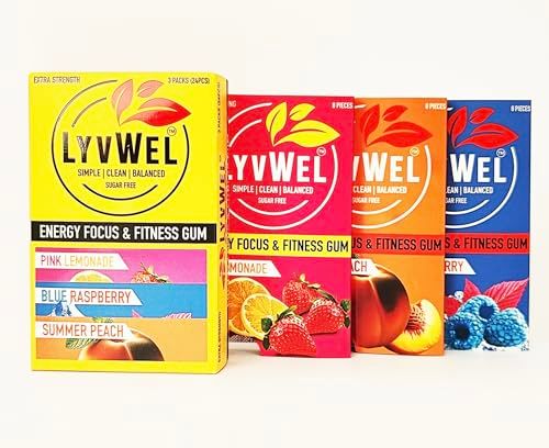 Lyvwel Energy Gum 160mg Caffeine 100mg Taurine per Serving All Natural Sugar-Free Pre-Workout Boost: Your Essential Energy Supplement to Stay Awake (3 Pack) (3 Pack, Variety)
