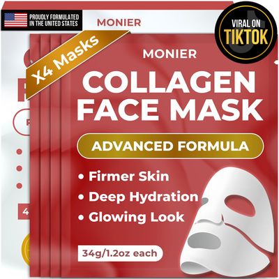 MONIER Collagen Face Mask Bio-Collagen Real Deep Mask, Overnight Sheet Mask for Glass Skin, Facial Beauty Korean Skin Care - For Dry &amp; Sensitive Skin (4 Pack)