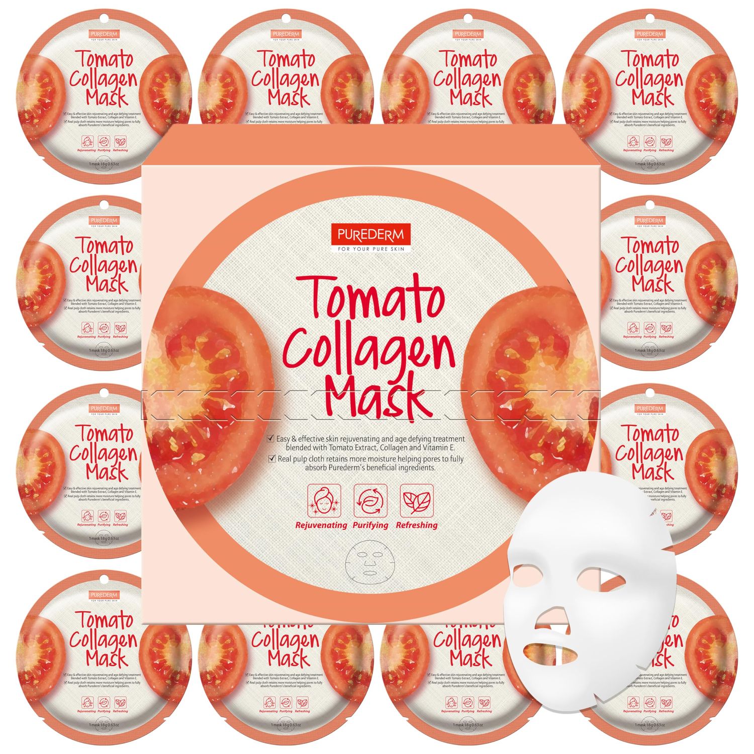 Purederm Tomato Collagen Mask (12 Pack) - Tomato Extracts, Collagen, and Vitamin E Ingredients to Make the Skin Soft and Shiny