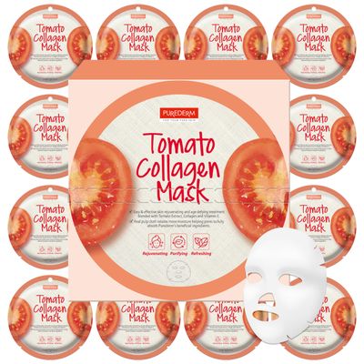 Purederm Tomato Collagen Mask (12 Pack) - Tomato Extracts, Collagen, and Vitamin E Ingredients to Make the Skin Soft and Shiny