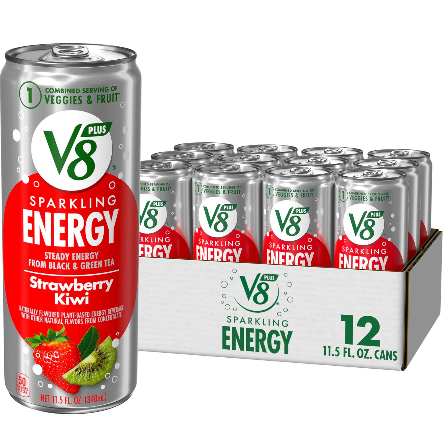 V8 SPARKLING ENERGY Strawberry Kiwi Energy Drink, Made With Real Vegetable And Fruit Juices, 11.5 FL OZ Can (Pack Of 12)