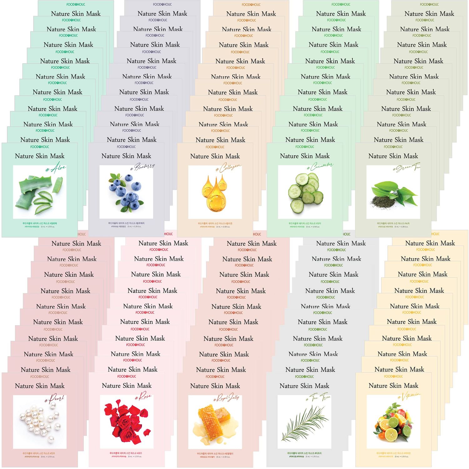 FOODAHOLIC Nature Skin 100 Combo Pack Face Sheet Mask, Nude Sheet with Release Paper, Premium Quality Korean Facial Sheet Mask (10 x 10 Types