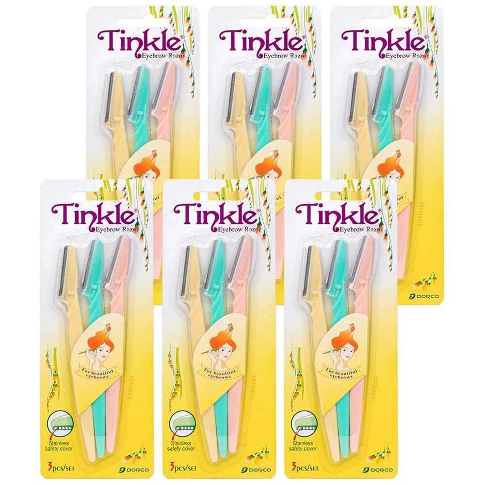 Dorco Tinkle Eyebrow Razors 18 Razors. (6 Packs of 3) Eyebrow Trimmer &amp; Dermaplaning Tool Safe &amp; Easy Facial Hair Removal Stainless Steel Safety Cover Ideal for Korean Skincare, Easter Gift