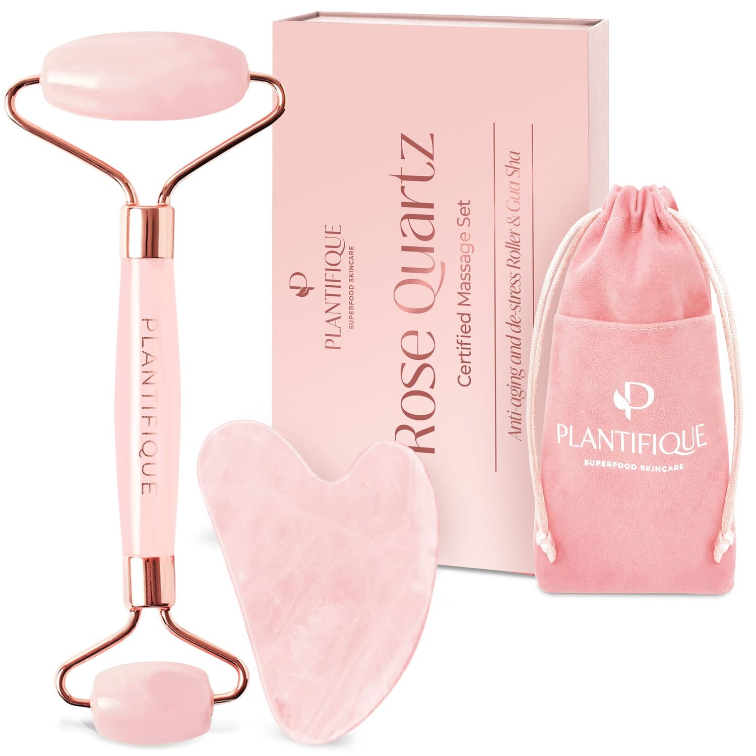 PLANTIFIQUE Face Roller and Gua Sha Rose Quartz Certified Gifts Guasha Tool for Face Jawline Shaper Your Skin Care Routine