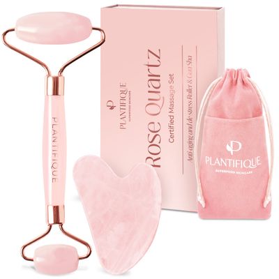 PLANTIFIQUE Face Roller and Gua Sha Rose Quartz Certified Gifts Guasha Tool for Face Jawline Shaper Your Skin Care Routine